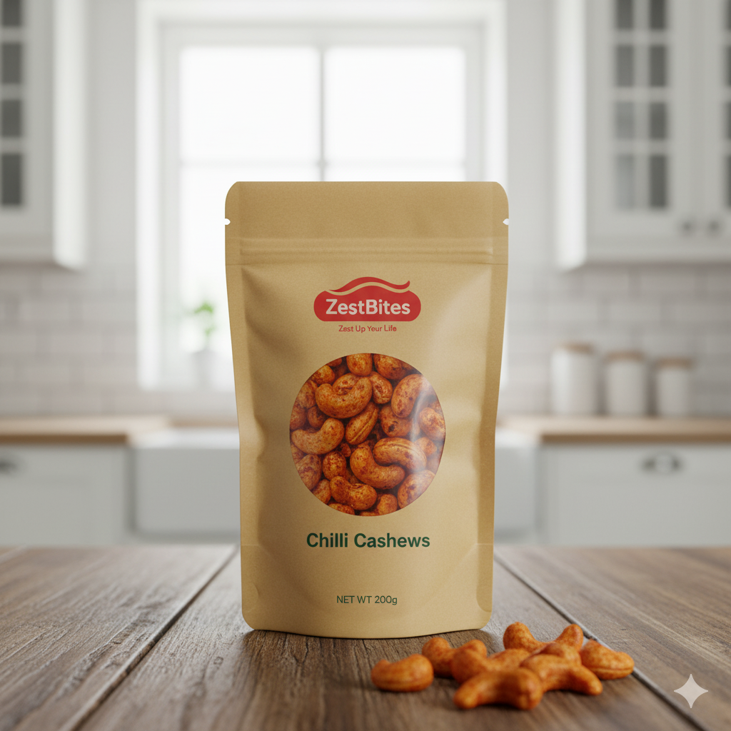 ZestBites Chilli Cashews – Spicy Roasted Cashew Nuts | 200g 2 A product image showing a stand-up pouch of ZestBites Chilli Cashews. The pouch has a clear window revealing the vibrant red-spiced cashews inside, and the ZestBites logo is prominently displayed on the top center of the packaging.