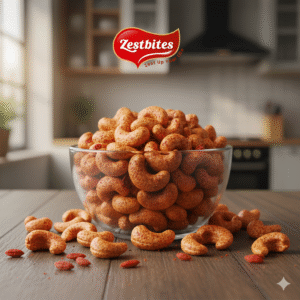 hole cashews seasoned with chilli spice, presented in a transparent glass bowl as a featured snack. The product is clearly identifiable as chilli cashews.