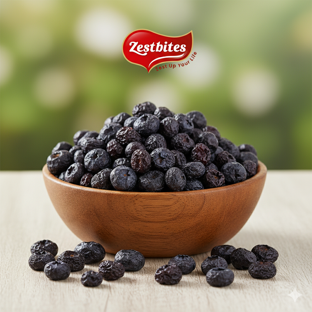 ZestBites Premium Dried Blueberries | 200g 1 A wooden bowl brimming with dried blueberries sits on a light wooden surface, with some berries scattered around it. The Zestbites logo is positioned at the top center of the image against a soft, green bokeh background.