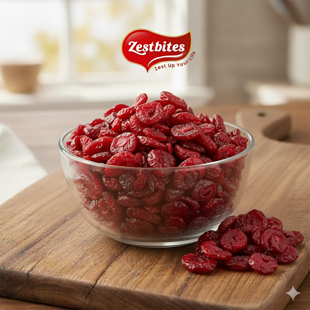ZestBites Premium Dried Cranberries | 200g 1 A clear glass bowl filled with vibrant red sliced dried cranberries sits on a rustic wooden cutting board, with a small pile of cranberries next to it. The Zestbites logo is visible at the top center of the image, set against a softly blurred kitchen background with a window.