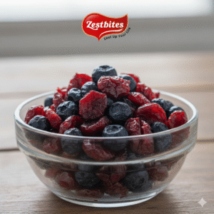 A close-up photograph of a small, clear glass bowl overflowing with a mix of dried, whole blueberries and sliced, dried cranberries, with the Zestbites logo centered above it.