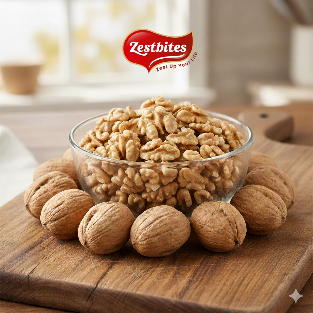 ZestBites Premium Walnut Kernels | 200g 1 A bowl of Zestbites walnut kernels sits on a wooden cutting board, surrounded by whole walnuts in their shells, set against a softly blurred kitchen background with a window. The Zestbites logo is prominently displayed in the top center of the image.